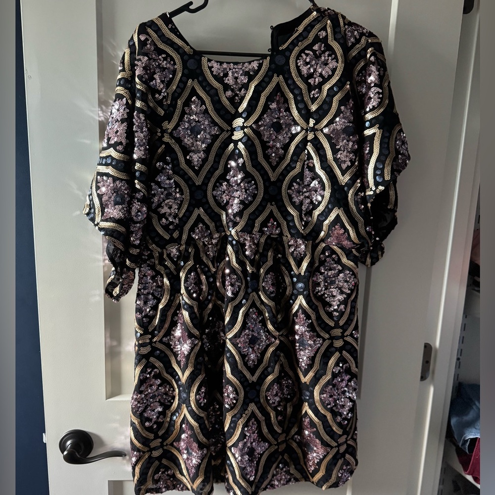 NWT Anthropologie Black and Gold Sequin Mini Dress